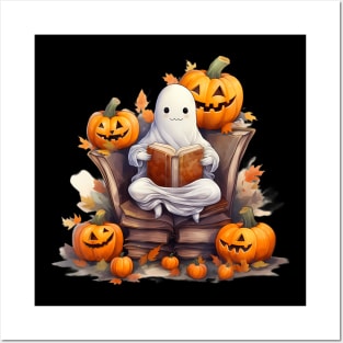 Funny Ghost Book Reading Boo Spooky Halloween Books Lover Posters and Art
